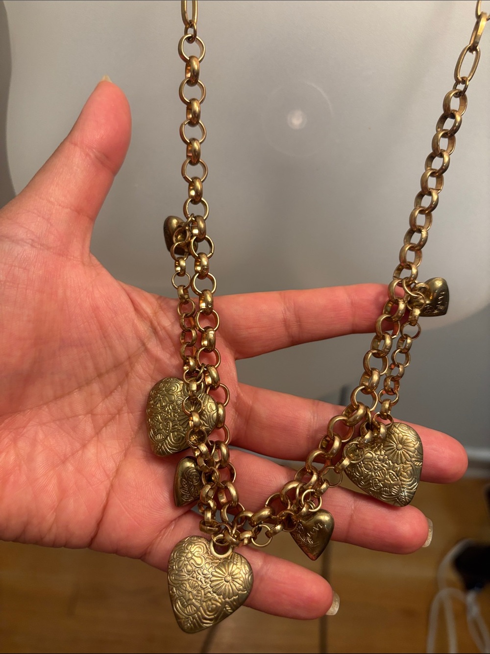 Vintage Gold Heart Charm Double-Link Necklace